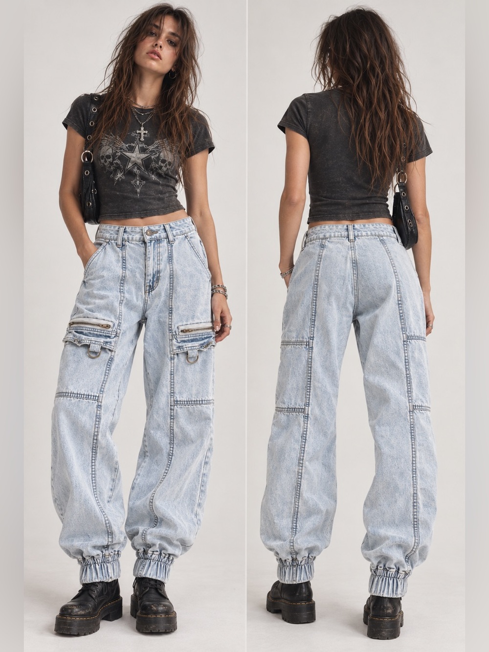 Vintage Hot Topic Light Wash Denim Cargo Jogger Jeans Size 7 Y2K Grunge